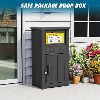 LHBGO Package Delivery Box with Sign, Lockable & Weatherproof Anti-Theft Parcel Delivery Box for Porch, Curbside, Patio，Black
