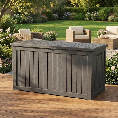 230 Gallon Deck Box, Waterproof Resin Outdoor Storage Box Lockable for Patio Furniture, Fade Resistant Patio Side Table & Organizer for Garden Tools, Pool Float, Outdoor Cushions, Light Coffee