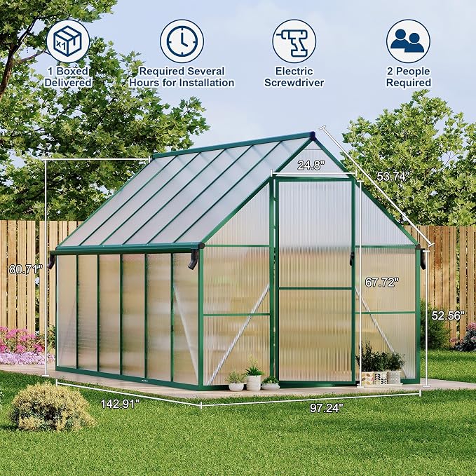 GarveeLife 8X12FT Polycarbonate Greenhouse with Aluminum Frame, Polycarbonate Greenhouse for Outdoors, Greenhouses with Ventilation and Rain Gutter, Aluminum Large Walk-in Greenhouses for Outside