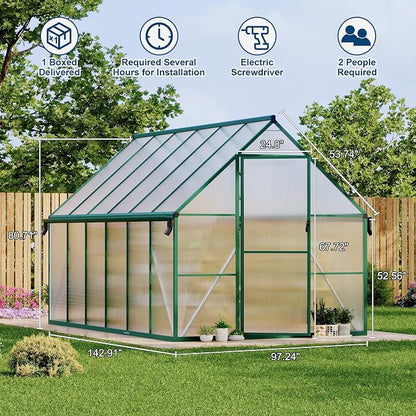 GarveeLife 8X12FT Polycarbonate Greenhouse with Aluminum Frame, Polycarbonate Greenhouse for Outdoors, Greenhouses with Ventilation and Rain Gutter, Aluminum Large Walk-in Greenhouses for Outside