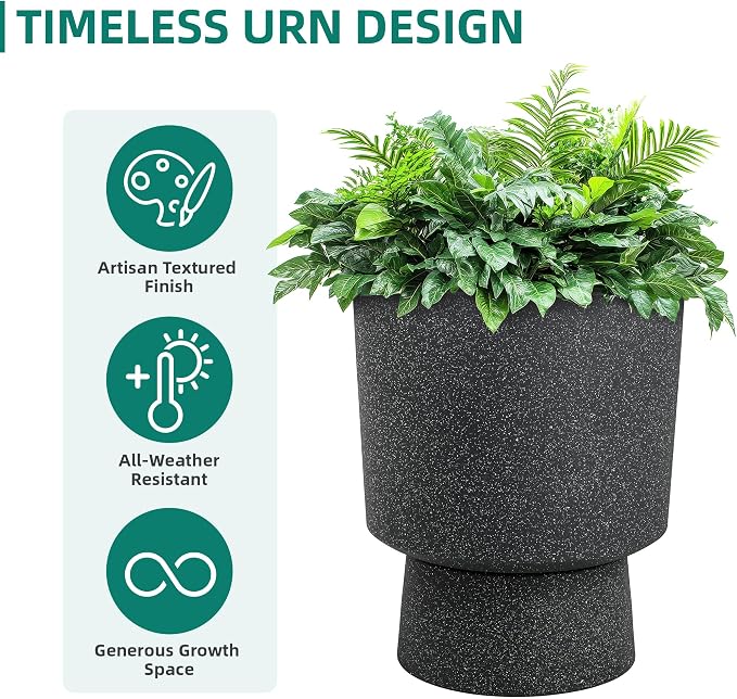Autodaya 16.8" Black Terrazzo Pedestal Planters Set of 2 with Drainage Hole | Modern Plastic Flower Pots with Weather-Resistant Finish for Indoor or Outdoor Garden, Patio, Balcony, or Entryway Decor
