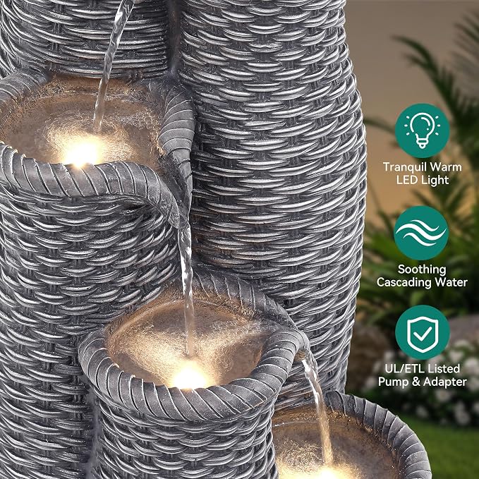 Autodaya 5-Tier Faux Rattan Outdoor Water Fountain & Waterfalls with Lights | Unique Natural Vase Water Feature With Cascading Soothing White Noise, Tranquil Oasis For Garden, Patio, Yard, Or Porch Decor