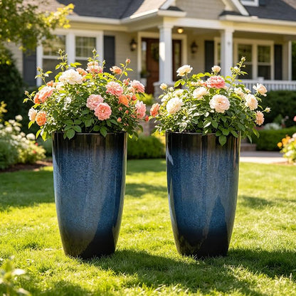 23.75" Cobalt Blue Plastic Tall Outdoor Planters with Drainage Holes | Set of 2 PP tall planters with cobalt gradient finish, drainage plugs, and UV-treated surface for porch, patio, or indoors