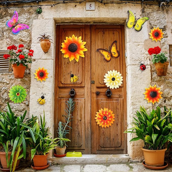 Beeveer 14 Pcs Metal Flower Decor 3D Sunflower Daisy Multicolored Garden Art Outdoor Decorations Butterfly Bee Ladybug Wall Art for Yard Fence Home