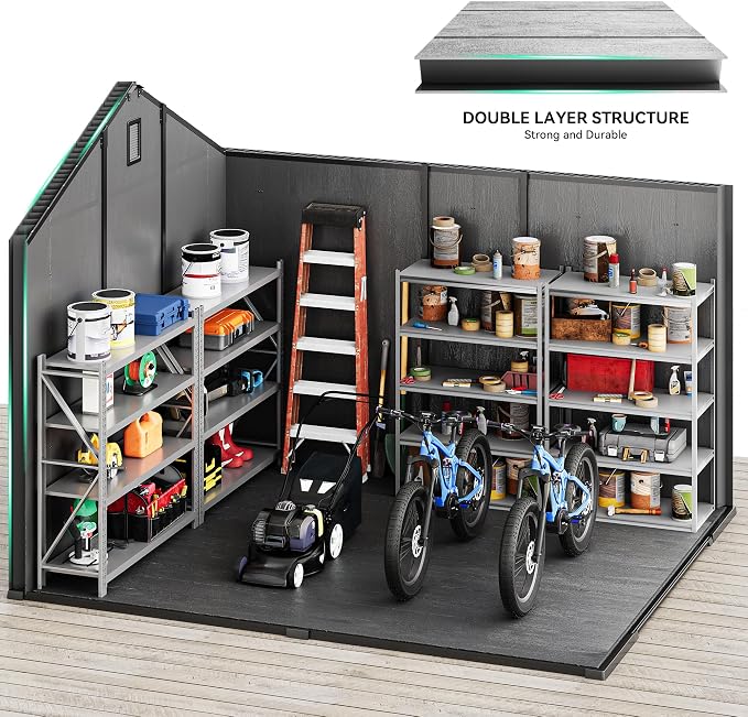 YITAHOME 8x10 FT Outdoor Storage Shed with Floor, Extra Thick Plastic Garden Shed for Bikes, Tools and Pool Supplies, Resin Storage Shed with Door Window Insert, Vents for Patio Backyard, Black