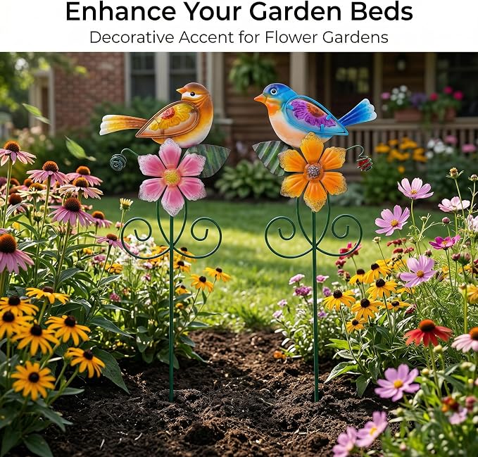 Topadorn Set of 2 Metal Bird & Flower Garden Stakes, Hand-Painted Decorative Yard Art for Planters, Flower Beds & Patio, 16 Inch