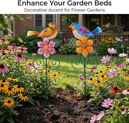 Topadorn Set of 2 Metal Bird & Flower Garden Stakes, Hand-Painted Decorative Yard Art for Planters, Flower Beds & Patio, 16 Inch