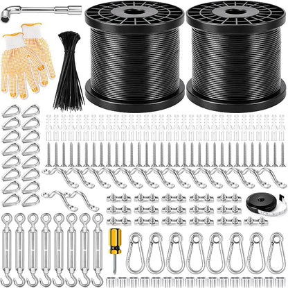 String Light Hanging Kits,400FT Nylon Coated Stainless Steel 304 Wire Rope,Outdoor Hanging Light Kit Included Enough Accessories With Turnbuckles And Hooks For Patio, Garden And Wedding Lighting