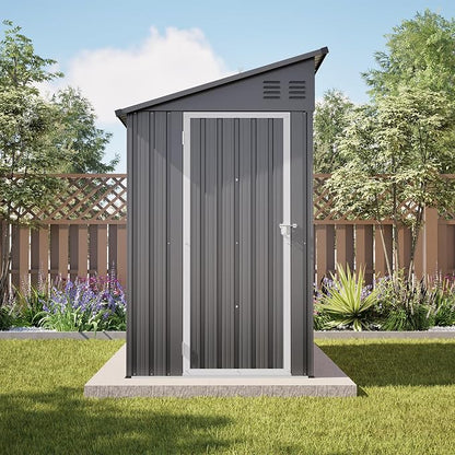 YOPTO 4×8 FT Lean to Metal Shed,Outdoor Heavy-Duty Storage Shed with Floor Base,All Weather Waterproof Garden Tool House W/Lockable Door&2 Air Vents,Reversible Door Design,for Backyard,Patio,Lawn,Gray