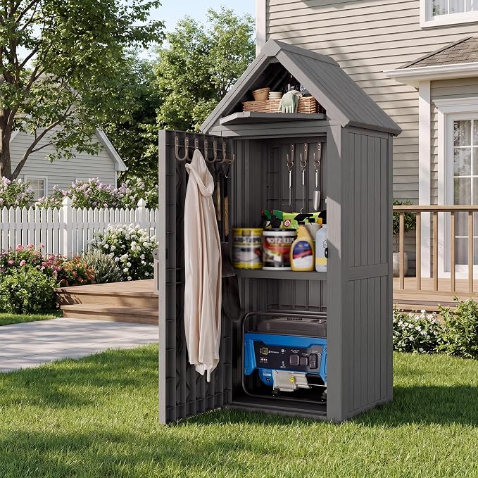 Bifanuo Deck Box Storage Shed Outdoor Storage Cabinet, Vertical Waterproof Resin Material Plastic Shed with Removable Shelves, 12 Hooks and Lock Ring for Garden, Pool and Patio (Classic Grey)