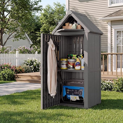 Bifanuo Deck Box Storage Shed Outdoor Storage Cabinet, Vertical Waterproof Resin Material Plastic Shed with Removable Shelves, 12 Hooks and Lock Ring for Garden, Pool and Patio (Classic Grey)