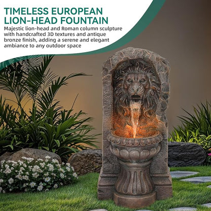 30" Lion Head Outdoor Water Fountain LED Stone Cascading Waterfall | faux granite stone texture, European courtyard, patio yard,Deck Floor Garden Decor