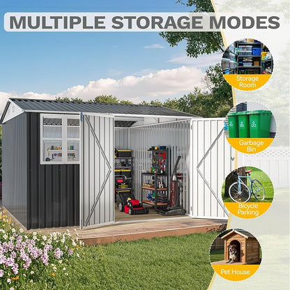 DWVO 10x10ft Large Tool Storage Shed with Window, Lockable Doors, and Sloped Roof, Oversized Steel Outdoor Storage Shed for Garden, Patio, Garage, Backyard, Lawn(Gray + White)
