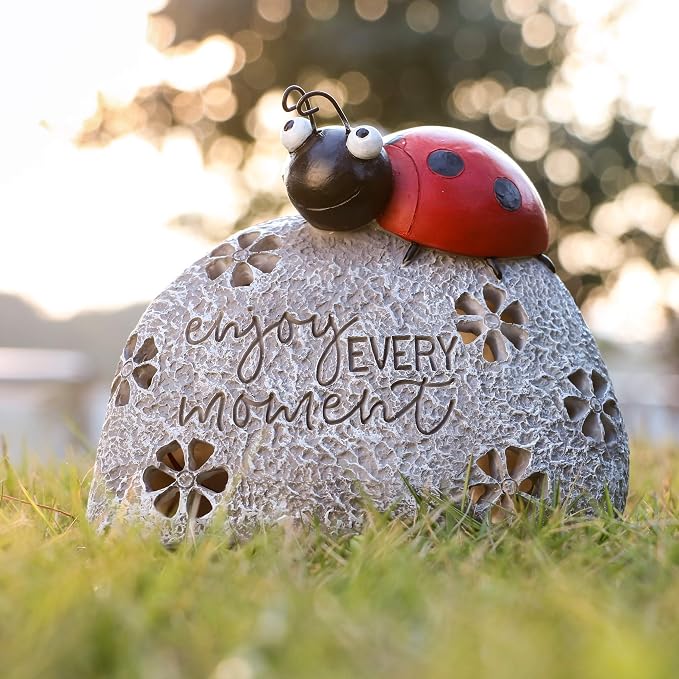 TERESA'S COLLECTIONS Garden Decor, Cute Ladybug Garden Decor with Solar Light, Waterproof Resin Garden Statue, Ladybug Gifts, Garden Gifts for Women Mom, Indoor/Outdoor, 4"