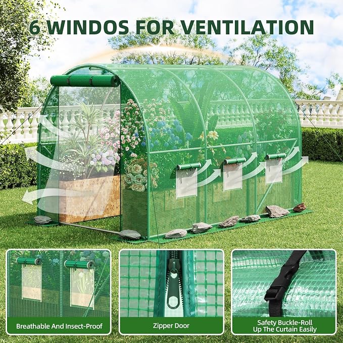 Superlele Heavy Duty Walk-in Greenhouse for Outdoor, 10x6.6x6.6FT Large Garden Green House with Reinforced PE Mesh Cover, 6 Roll-up Windows with Screen, 8 Ground Stakes and Ropes, Green