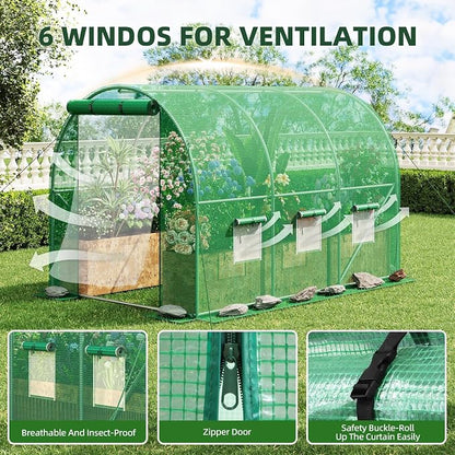 Superlele Heavy Duty Walk-in Greenhouse for Outdoor, 10x6.6x6.6FT Large Garden Green House with Reinforced PE Mesh Cover, 6 Roll-up Windows with Screen, 8 Ground Stakes and Ropes, Green