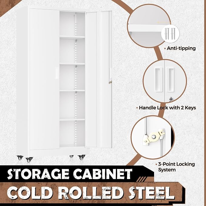 INTERGREAT Metal Garage Storage Cabinet with Wheels, Rolling Storage Cabinet with Locking Doors and 4 Adjustable Shelves,- 73" Steel Tool Cabinet for Home Office,Garage,Warehouse，White