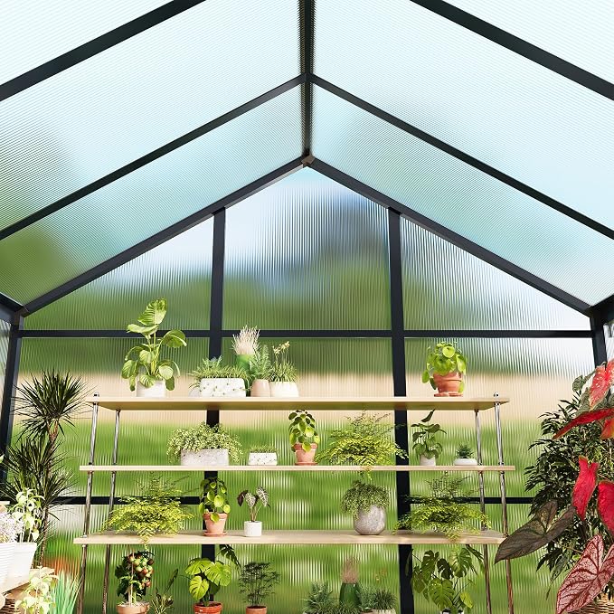 Garvee 6x10ft Walk-in Greenhouse, Heavy Duty Large Outdoor Green House | Polycarbonate Garden Greenhouse with Roof Vent, Lockable Outward-Opening Swing Door & Aluminium Frame for Backyard, Grey