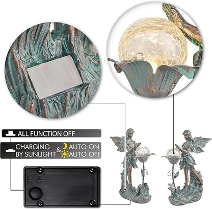 TERESA'S COLLECTIONS Garden Fairy Large Bronze Garden Sculptures & Statues Resin with Solar Outdoor Light, Valentines Decorations Lawn Ornaments for Outdoor Decor, Gifts for Women Mom, 11"