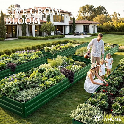 YITAHOME 12x4x1ft Galvanized Raised Garden Bed, Metal Planter Box with Safety Rubber, Gloves, Outdoor Flower Bed for Planting Plants Vegetables, Green