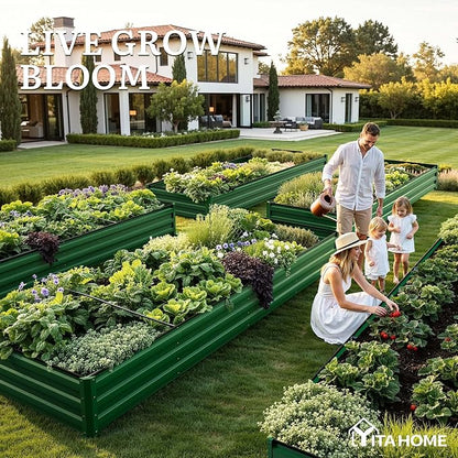 YITAHOME 4pcs 12x4x1 ft Galvanized Raised Garden Bed Kit, Large Metal Planter Box with Gloves, Safety Rubber & Support Rod, Outdoor Flower Bed for Plants Vegetables, Green