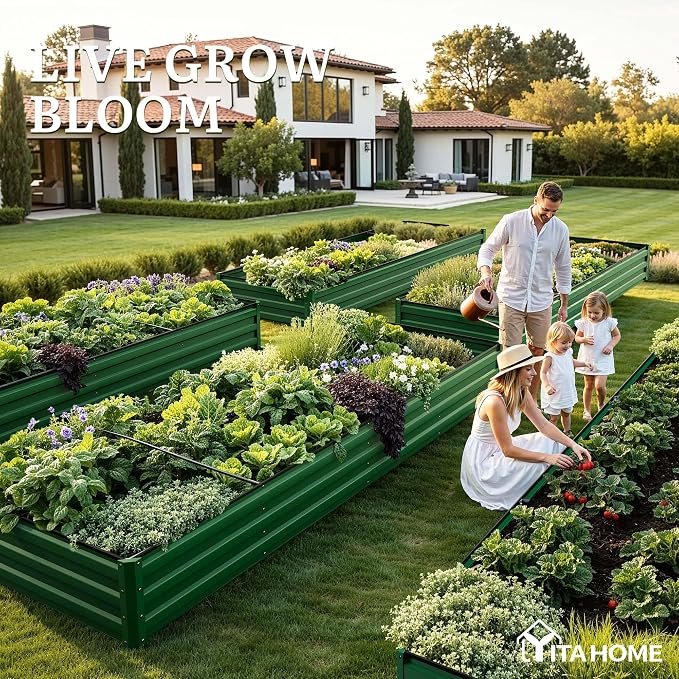 YITAHOME 12x4x1ft Large Raised Garden Bed Kit, Galvanized Metal Planter Box with Gloves, Ground Nails, Support Rod, Outdoor Above Ground Planters for Plants Vegetables Flowers, Green