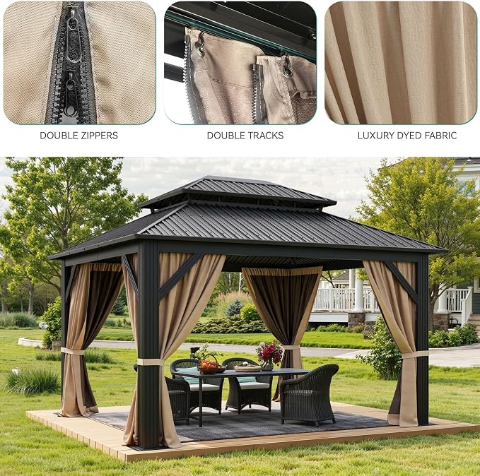 YITAHOME 12x14ft Gazebo Double Roof Hardtop Heavy Duty w/Nettings,Curtains | Upgraded Outdoor Canopy Aluminum Column Galvanized Steel Vertical Stripes Roof for Patio, Backyard, Deck, Lawns, Brown