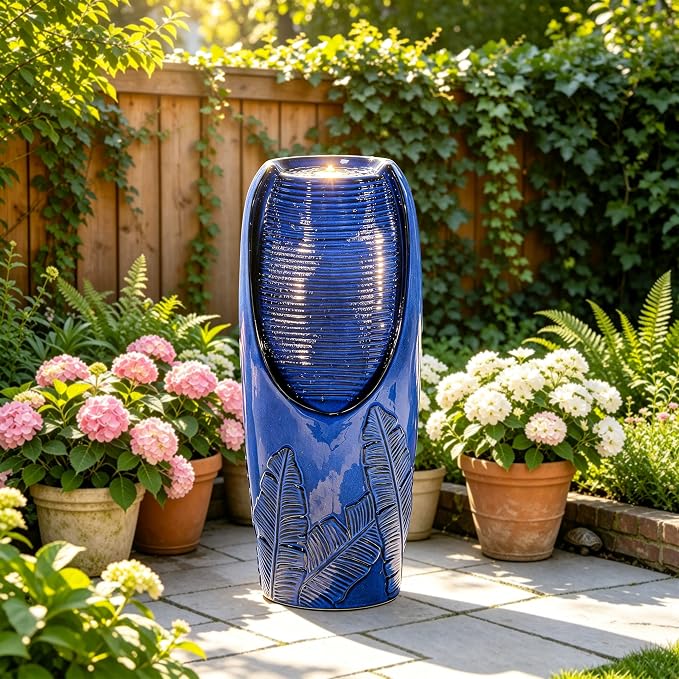 Autodaya 33" Outdoor Fountain with LED Lights, Rich Blue Glaze Ceramic Jar | Decorative Water Fountian with Tropical Leaf Texture, Soothing Water Flow, relaxing focal point for Patio Yard Porch oasis