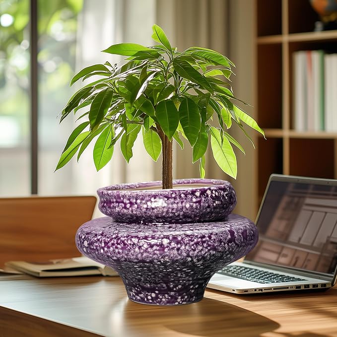 Ceramic Planters - 11 Inch Ceramic Pots for Plants with Drainage Hole, Decorative Planters for Indoor Outdoor, Unique Flower Pots, Garden Office House Decor, Gifts for Plants Lover, Purple