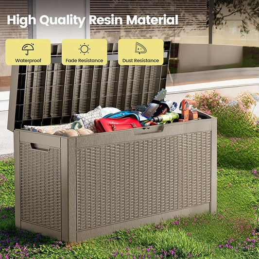 Zapdos Outdoor Storage Box, 60 Gallon Deck Box Indoor and Outdoor Use, Waterproof Resin Rattan Storage Bin for Package Storage Gardening Tools Patio Cushions, Lockable, Fade Resistant, Brown