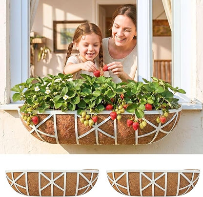 LaLaGreen 24 Inch, 2 Pack White Metal Window Planters-Wall Mount Flower Pots for Outdoor with Coco Coir Liner, Attach to House Flower Boxes Hanging Walls Plant Holders for Fence Balcony Porch, Patio