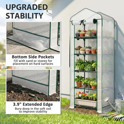 Outsunny 5 Tier Mini Greenhouse with Screen Roof, 27.6" x 19.7" x 75.6", Portable Small Greenhouse with High Strength PE Cover, Roll-Up Zipper Door for Garden Yard Backyard, White