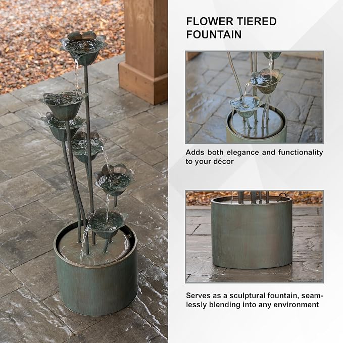 XBrand 35" Tall Silver Metal Sculptural Flower Multi-Tier Freestanding Water Fountain for Indoor & Outdoor Use, Decorative Garden Patio Backyard Water Feature