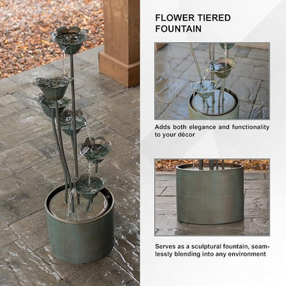 XBrand 35" Tall Silver Metal Sculptural Flower Multi-Tier Freestanding Water Fountain for Indoor & Outdoor Use, Decorative Garden Patio Backyard Water Feature