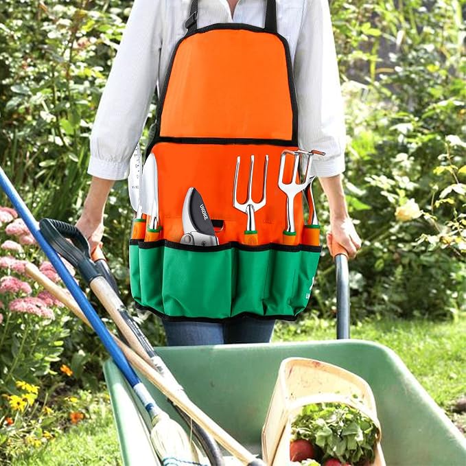 Ukoke UGP01G-7 Outdoor Tool, Heavy Duty Work Ergonomic Handle, for Women Men Set, 7 Piece Aluminum Kit, Garden Canvas Apron with Storage Pock, Orange