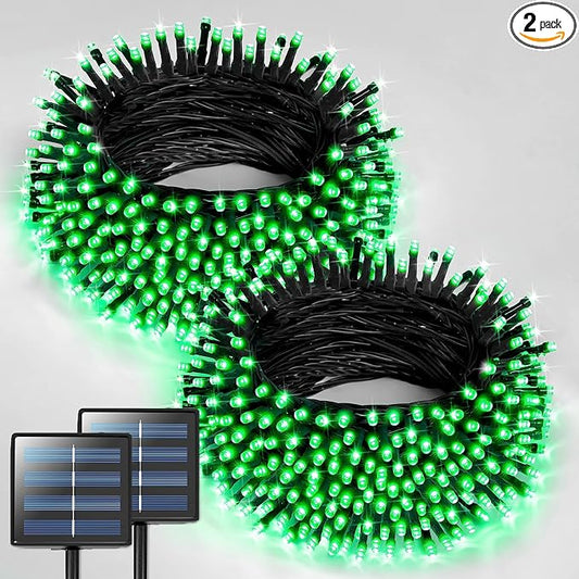JMEXSUSS 2 Pack Solar Halloween Lights Outdoor, Total 400 LED 151FT, Green | Outdoor Waterproof, 8 Modes Solar Christmas String Lights for Outside Patio Yard Garden Tree Christmas Halloween Decorations