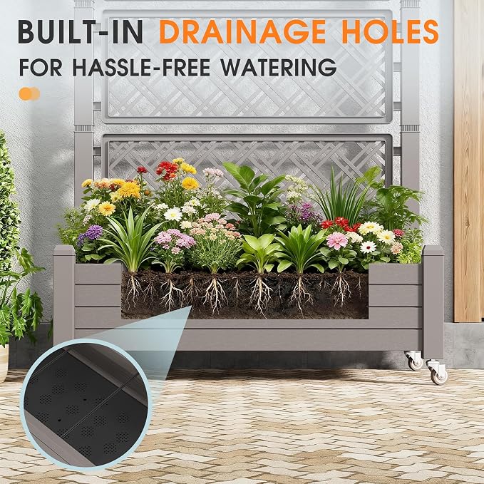 Resin Raised Garden Bed with Trellis and Wheels - Plasitc Planter Box with Trellis Outdoor with Drainage Holes & Water Monitor for Climbing Plants, Flower, Medium Gray(61.2" H)