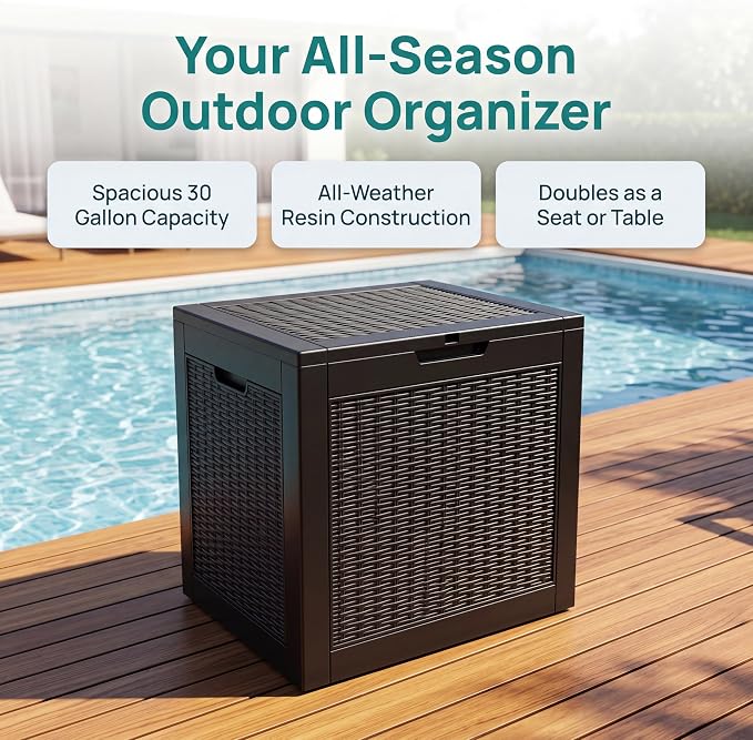 NicBex 30 Gallon Deck Box, Waterproof Resin Rattan Outdoor Storage Box Lockable for Patio Furniture, Fade Resistant Patio Side Table & Organizer for Garden Tools, Pool Floats, Outdoor Cushions, Black