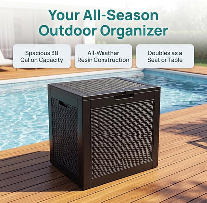 NicBex 30 Gallon Deck Box, Waterproof Resin Rattan Outdoor Storage Box Lockable for Patio Furniture, Fade Resistant Patio Side Table & Organizer for Garden Tools, Pool Floats, Outdoor Cushions, Black