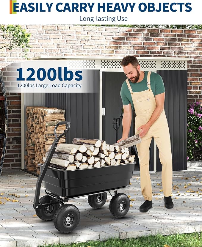 GarveeLife Poly Dump Cart - Heavy Duty 1200lbs Garden Cart with Quick-Release Dumping 13" Tires, Utility Wagon for Yard Work, Landscaping, Gardening