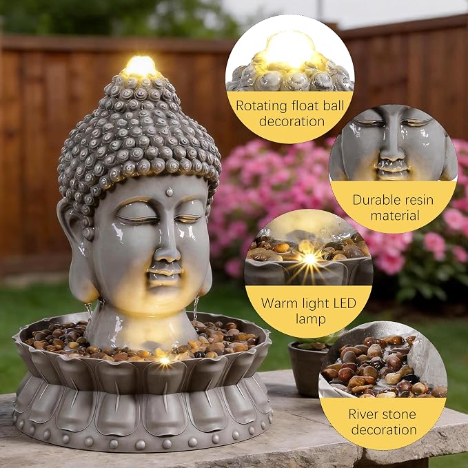 Kalona Buddha Water Fountain Outdoor with LED Lights, Buddha Statue Outdoor Garden Zen Fountain with Stones, Water Feature for Patio, Porch, Backyard, Lawn & Home Decor
