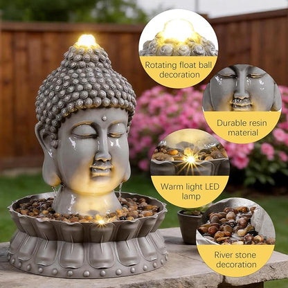Kalona Buddha Water Fountain Outdoor with LED Lights, Buddha Statue Outdoor Garden Zen Fountain with Stones, Water Feature for Patio, Porch, Backyard, Lawn & Home Decor