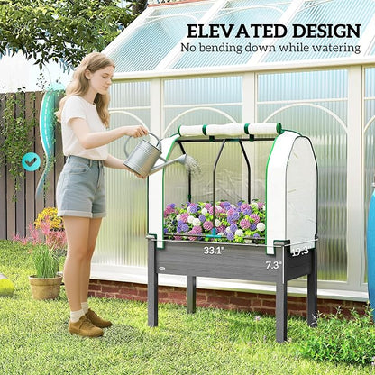 Outsunny Raised Garden Bed with PE Greenhouse Cover Outdoor Elevated Wood Planter Box for Herbs and Vegetables, Use for Patio, Backyard, Balcony, 35 x 22 x 47 inch, Dark Gray