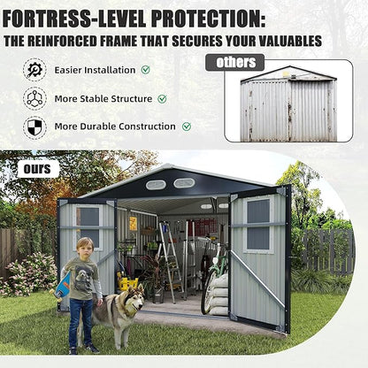 KEIKI 8x8 Metal Storage Shed with Protective Film, Four Daylight Windows, Lockable Doors, Heavy-Duty Color Steel Outdoor Storage Shed for Backyard Garden, Sheds & Outdoor Storage, Dark Gray