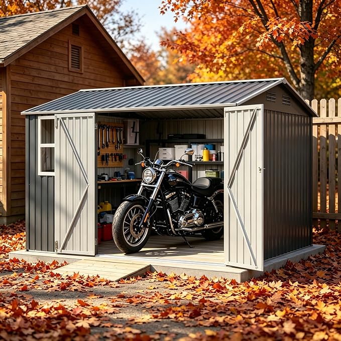 PVWIIK 10x8 FT Large Outdoor Metal Storage Shed, Heavy Duty Waterproof Steel Garden Tool Shed with Lockable Doors, Utility Storage Building for Backyard Patio Lawn Garden, Dark Gray