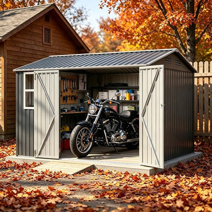 PVWIIK 10x8 FT Large Outdoor Metal Storage Shed, Heavy Duty Waterproof Steel Garden Tool Shed with Lockable Doors, Utility Storage Building for Backyard Patio Lawn Garden, Dark Gray