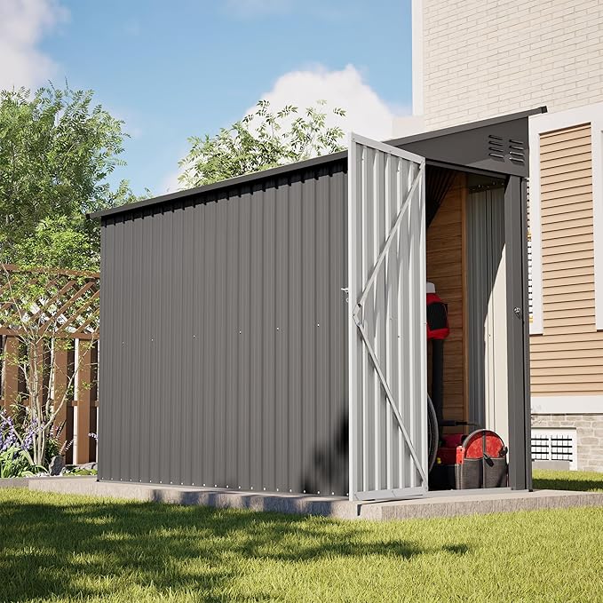 YOPTO 4×8 FT Lean to Metal Shed,Outdoor Heavy-Duty Storage Shed with Floor Base,All Weather Waterproof Garden Tool House W/Lockable Door&2 Air Vents,Reversible Door Design,for Backyard,Patio,Lawn,Gray