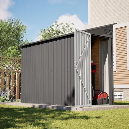 YOPTO 4×8 FT Lean to Metal Shed,Outdoor Heavy-Duty Storage Shed with Floor Base,All Weather Waterproof Garden Tool House W/Lockable Door&2 Air Vents,Reversible Door Design,for Backyard,Patio,Lawn,Gray
