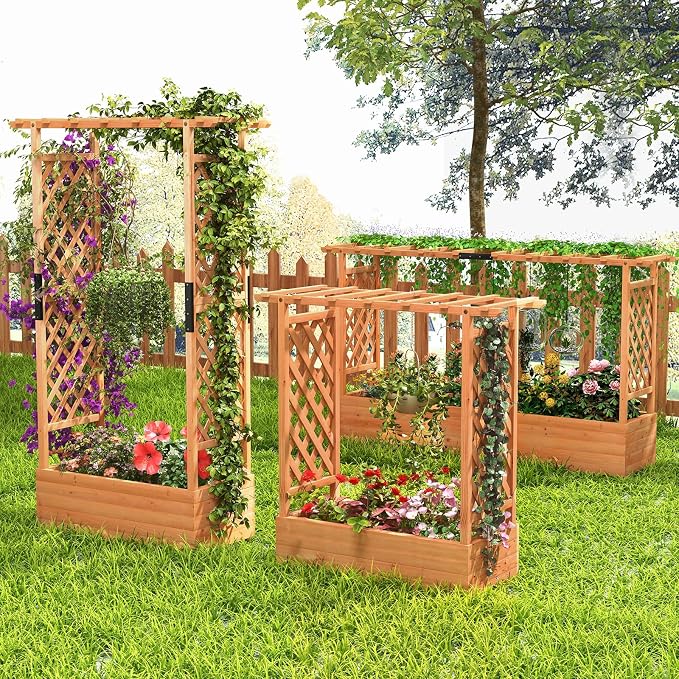 S AFSTAR 72 Inch Raised Garden Bed with Arch Trellis, Hanging Roof & Drainage Holes, 2 Pieces Vertical Plant Container for Vine Climbing Plant Flower, Outdoor Wood Elevated Planter Box for Garden