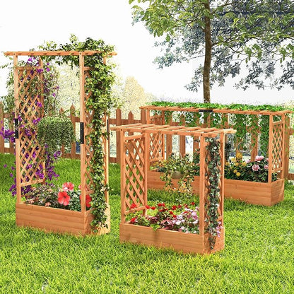 S AFSTAR 72 Inch Raised Garden Bed with Arch Trellis, Hanging Roof & Drainage Holes, 2 Pieces Vertical Plant Container for Vine Climbing Plant Flower, Outdoor Wood Elevated Planter Box for Garden